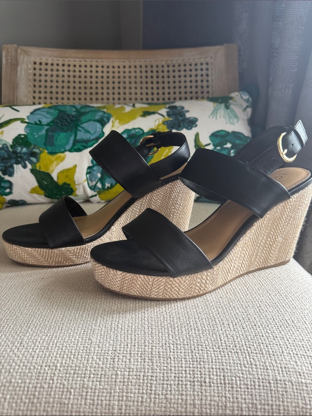 LC Lauren Conrad Black Leather Espadrille Wedge Sandals